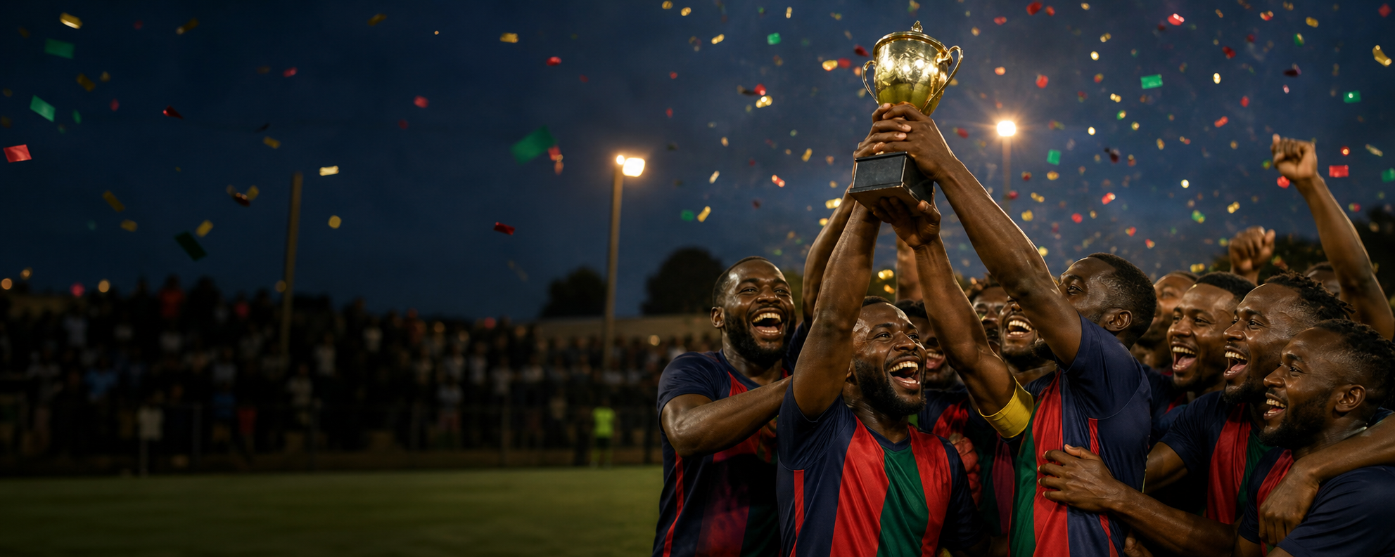 Football team lifting the tournament trophy in celebration